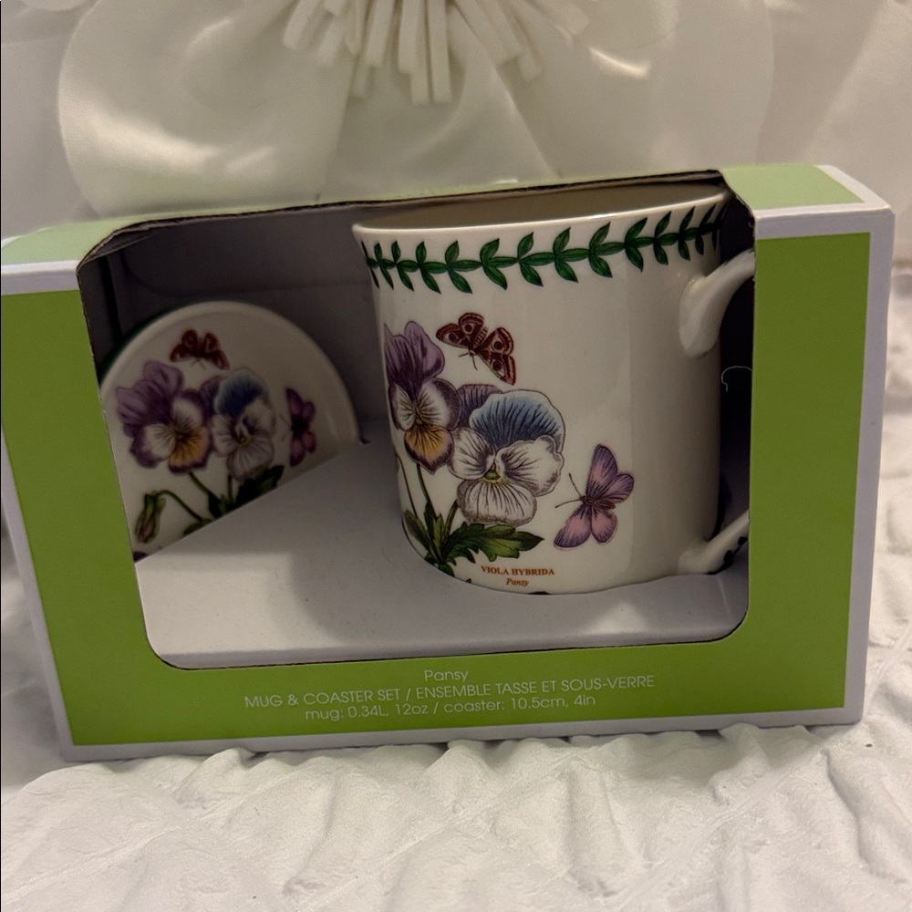 Portmeirion Pansy Mug and Coaster Set with Purple and Green Accents